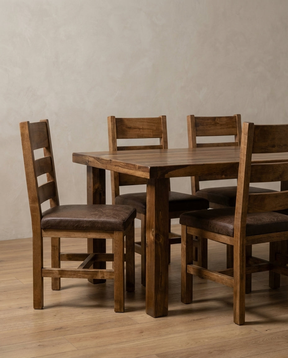 Farmhouse dining table set showing close up of table and frisco chairs, stained in english chestnut. 
