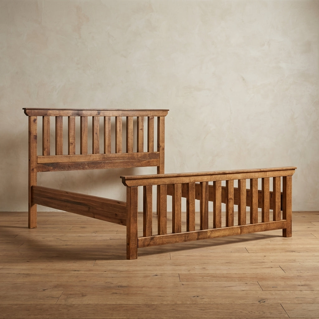 Farmhouse telluride bed in timberframe showing just the bed frame. 