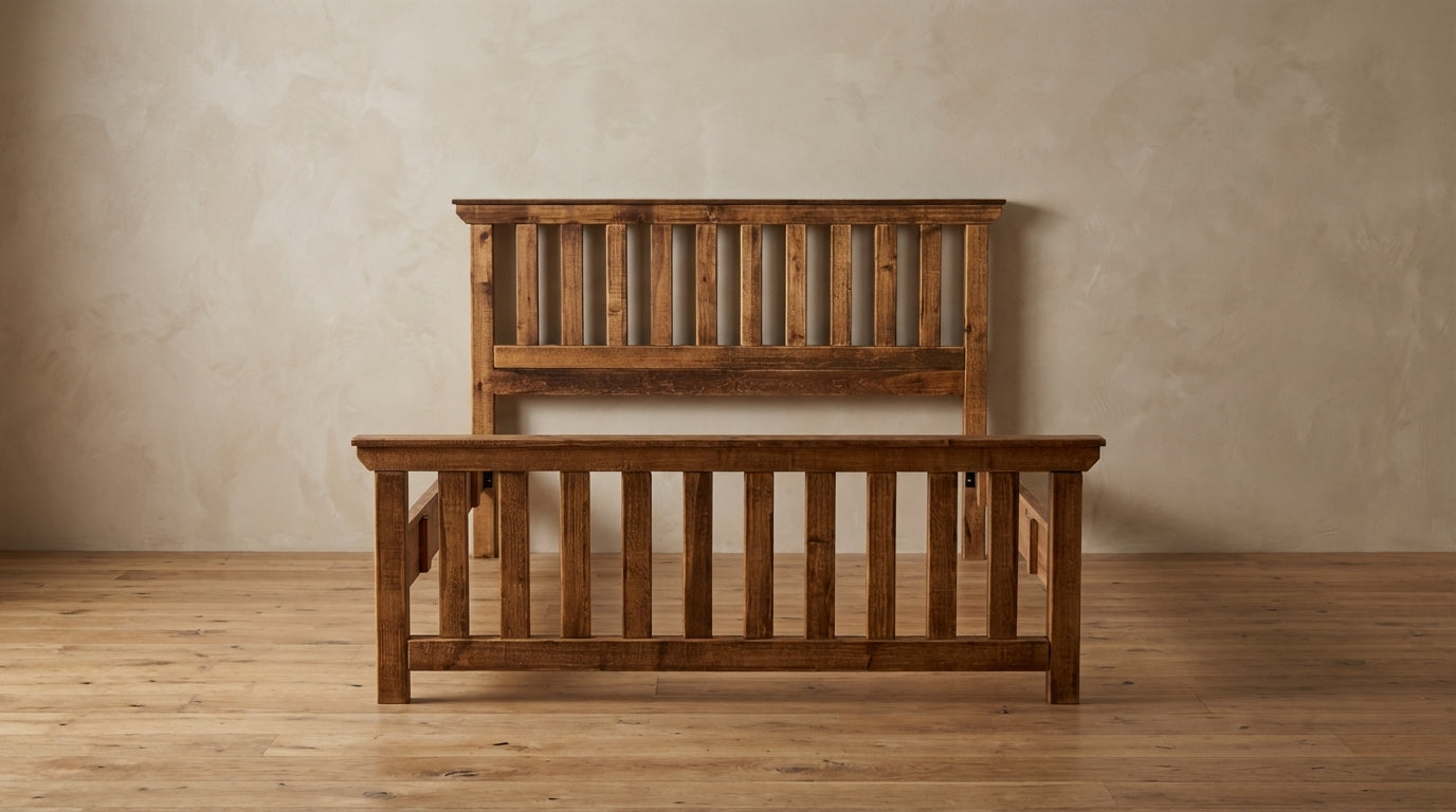 Farmhouse bed showing the frame looking at it from a straight angle. 
