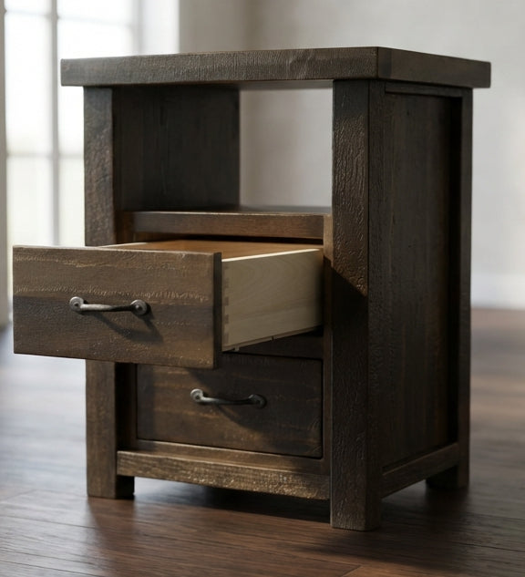 Farmhouse timberline 2 drawer night stand with drawer open. The drawer features solid wood, dovetail joints, and under-mount soft close drawer glides. 