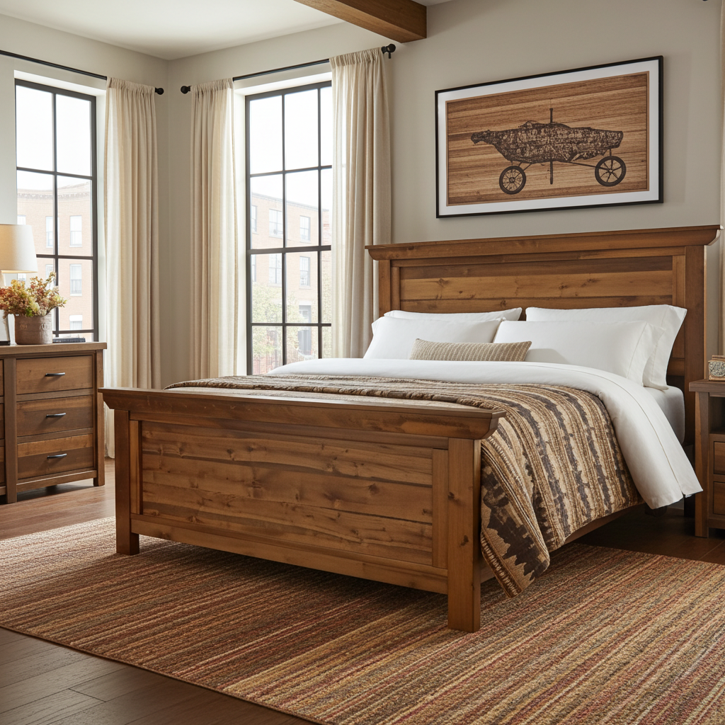 Farmhouse bed in a bedroom with large windows and decorative elements.