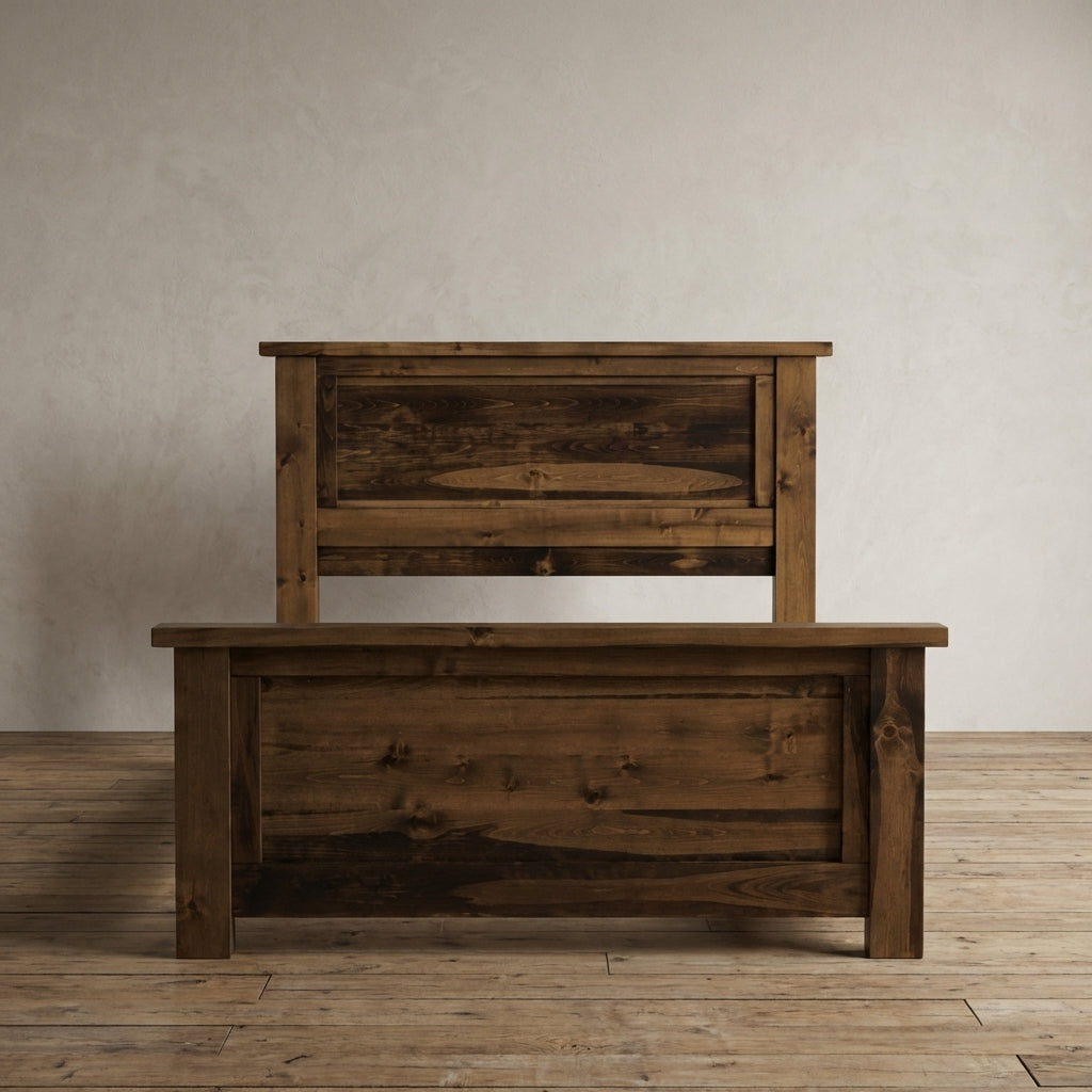 Farmhouse woodland bed frame taken from a straight angle showing headboard and footboard. 