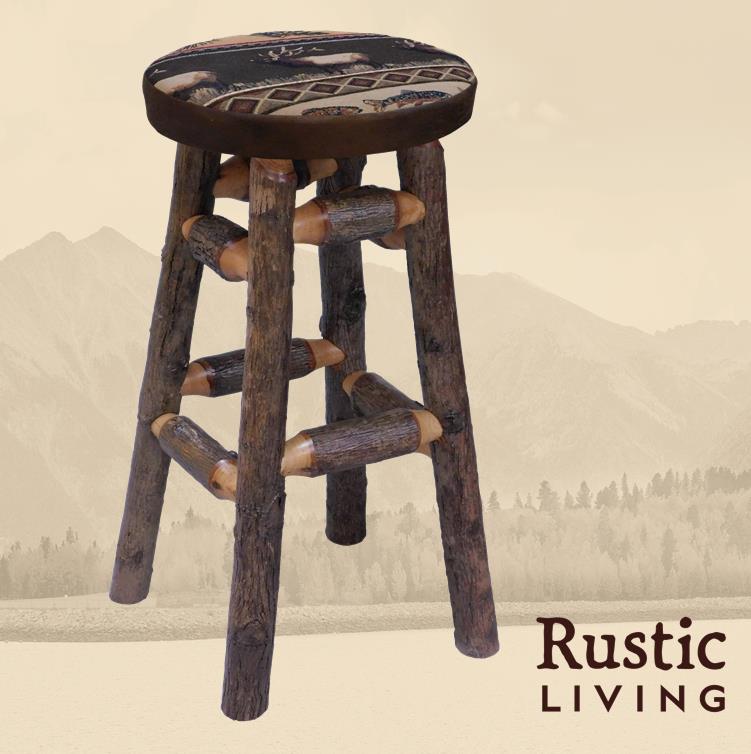 Hickory log swivel bar stool with a cushioned, upholstered seat featuring a rustic, handcrafted design. The sturdy hickory wood frame showcases natural grain patterns and knots, with straight legs and a built-in footrest for comfort and style.