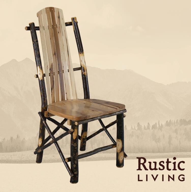 Aspen Rustic Log Furniture log lakeland dining chair handmade in America using solid wood custom made for your mountain cabin, lodge, farmhouse, ranch and western lifestyle.  A rustic style dining chair with a wooden seat and backrest, and a hickory log frame.