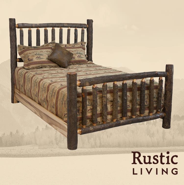 Hickory Rustic Log Furniture log hickory traditional bed handmade in America using solid wood custom made for your mountain cabin, lodge, farmhouse, ranch and western lifestyle. Headboard and footboard made of hickory logs. 