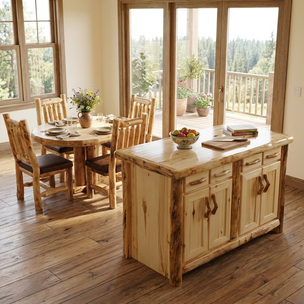 Aspen or Hickory Rustic Log Island in Flat Front