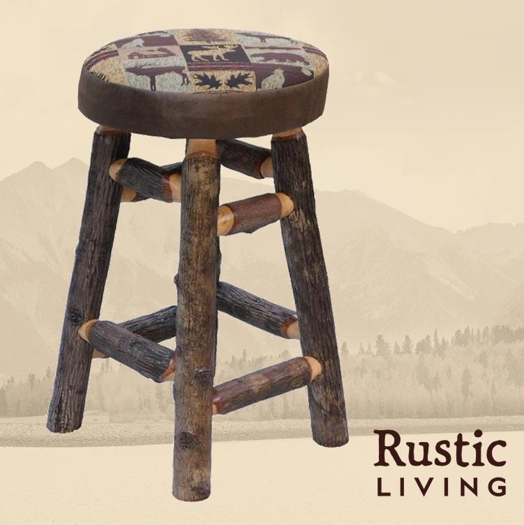 Aspen or Hickory Rustic Log Upholstered Swivel Counter Stool 24"H