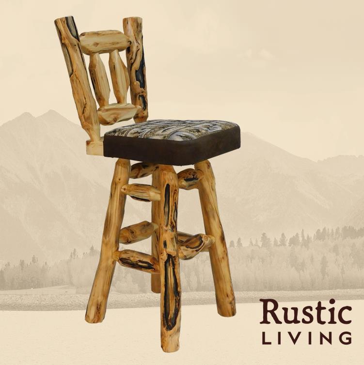 Aspen or Hickory Rustic Log Upholstered Woodland Swivel Bar Stool