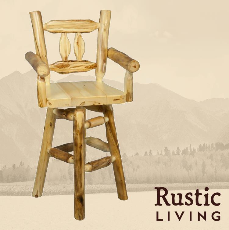 Log Woodland  Swivel Bar Stool w/ Arms