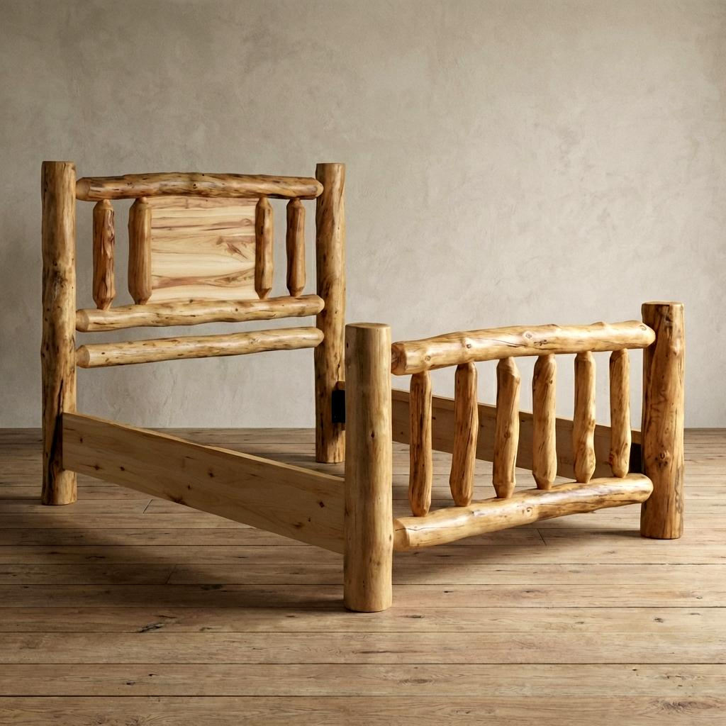 log aspen bed frame on a wooden floor with a neutral background