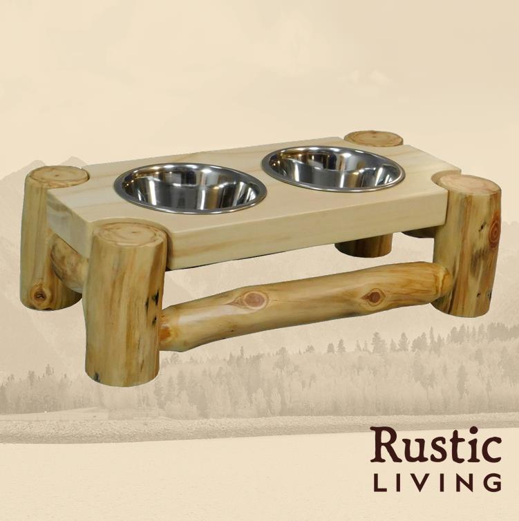 A rustic log pet feeder with two stainless steel bowls, supported by a wooden structure with logs.
