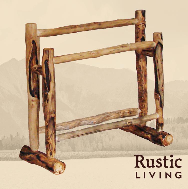 Rustic log 2-tier quilt rack crafted from natural logs, featuring a sturdy, handcrafted frame with two horizontal bars for hanging blankets or quilts, designed in a cozy, cabin-inspired style.
