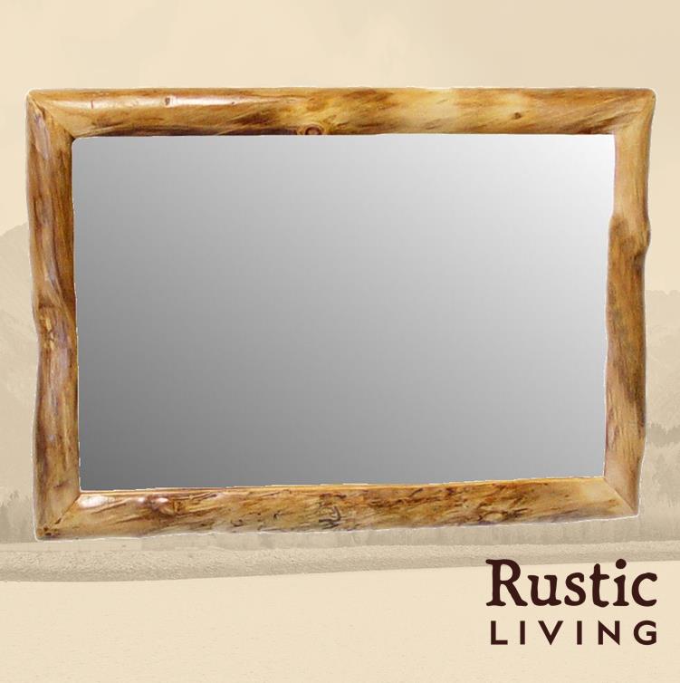 A rectangular mirror with a rustic wooden frame, the wood has a natural brown color.