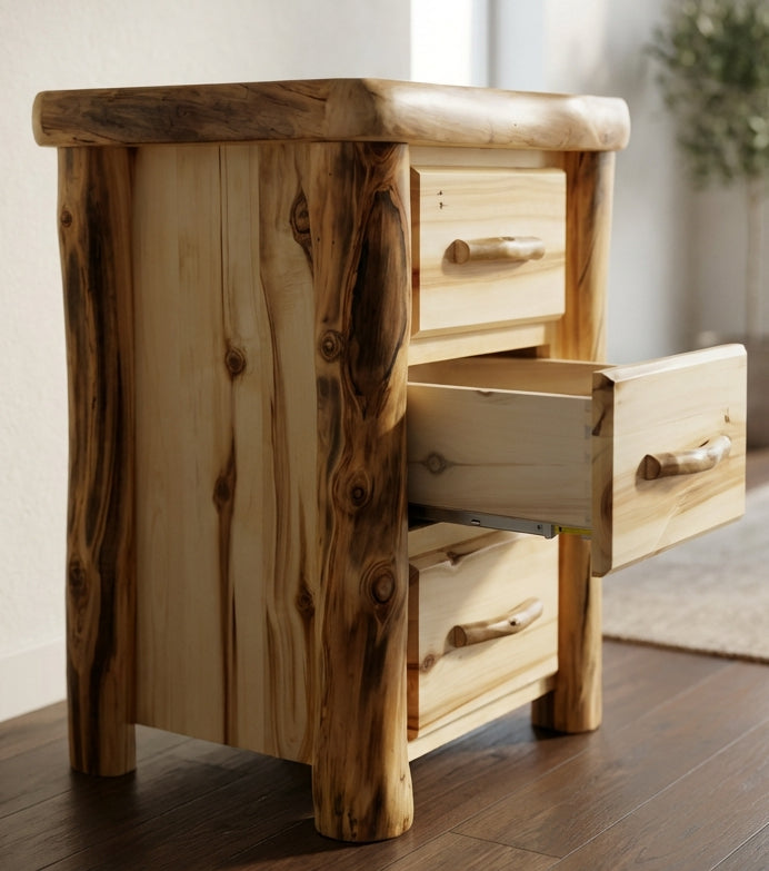Rustic log 3 drawer night stand showing solid wood drawer, dovetail joints, and under-mount drawer glides. 