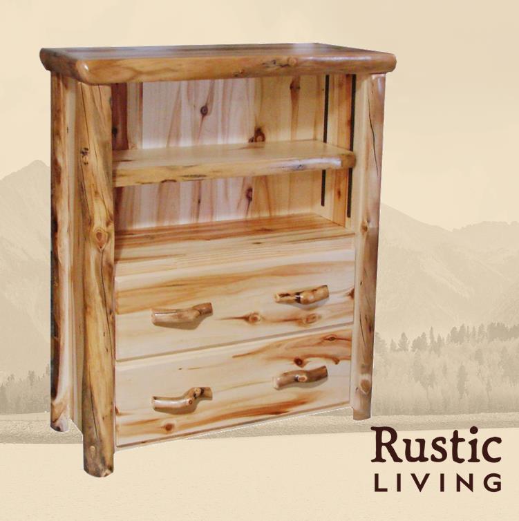 A log 2-drawer bookcase with flat front design, and adjustable shelves. 