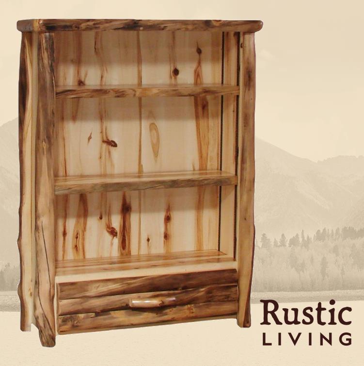 A rustic wooden bookcase with a drawer at the bottom and three shelves, featuring a natural wood finish.
