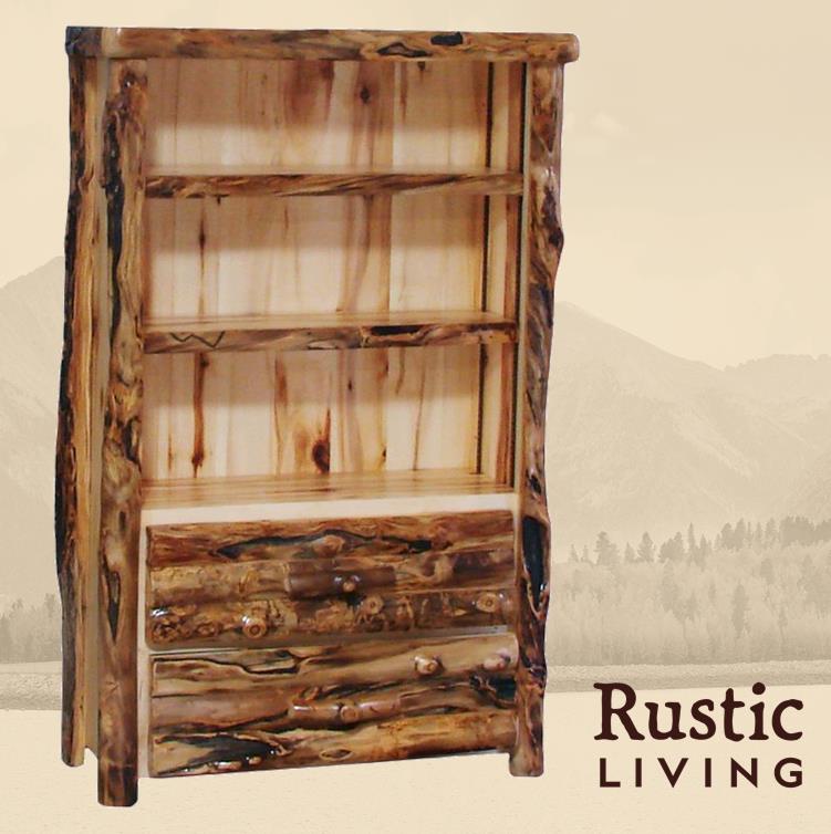A rustic log bookcase with two drawers and shelves, featuring a natural wood finish.