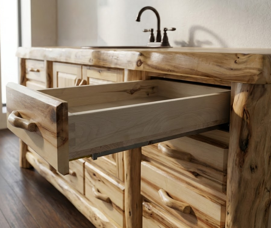 Log 9 Drawer Vanity shown with the drawer open. The drawer features dovetail joints, solid wood, and under-mount soft close drawer glides. The drawers have bent twig handles. 