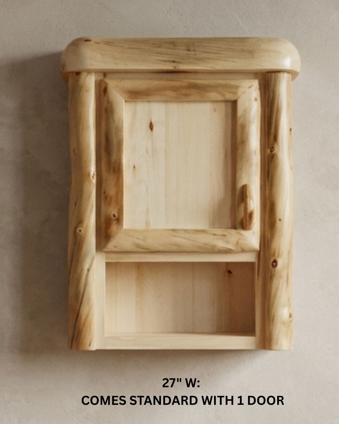 Log bathroom wall cabinet with wood adjustable shelves. 