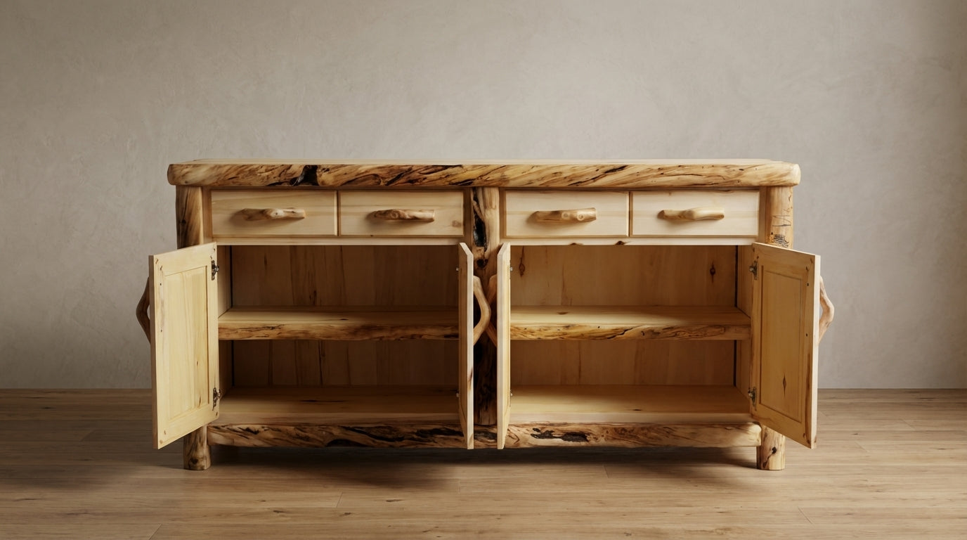 Log buffet showing the doors open. The cabinet shows adjustable shelves. 