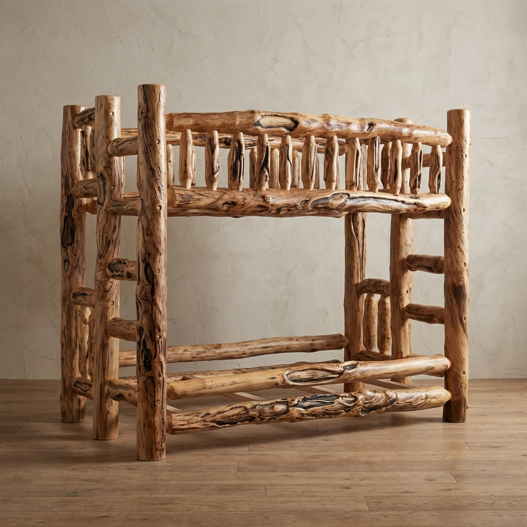 Log aspen bunk bed twin over twin shown with no mattresses. 