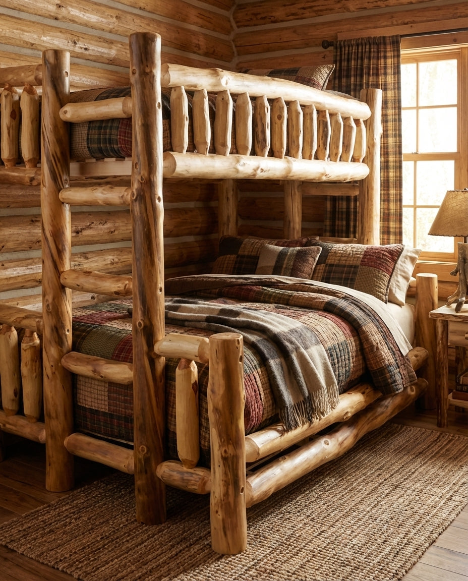 Log aspen bunk bed twin over full in a bedroom with the beds made. 