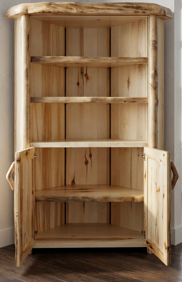 Log corner legacy cabinet shown with the doors open to show off the adjustable shelves that come with the unit. 