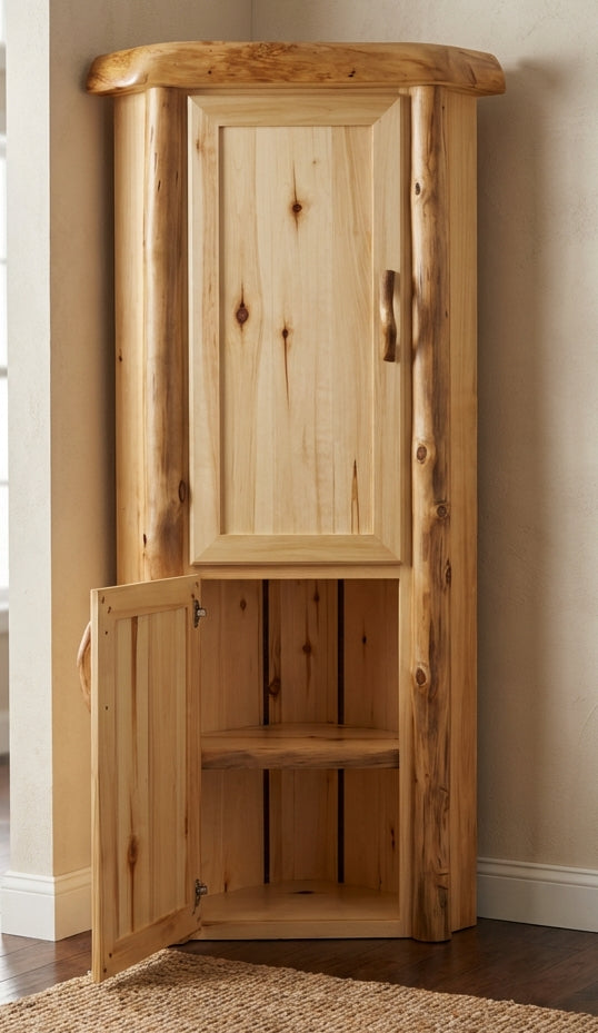 Log corner cabinet shown with the bottom door open to show off the wood adjustable shelves that come with the unit. 