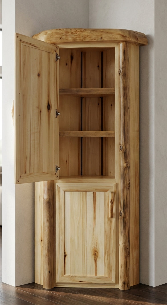 Log corner cabinet shown with the door open to show off the adjustable shelves that come with the unit. 
