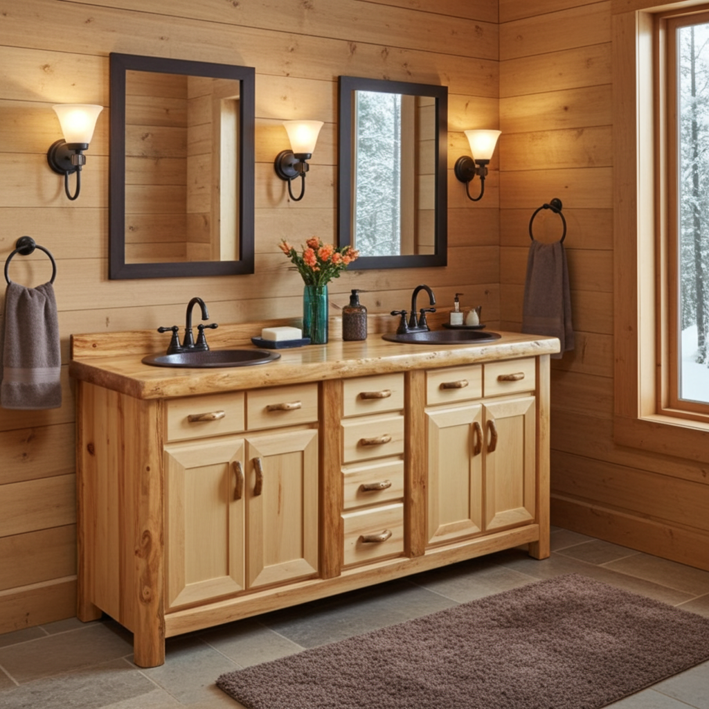Log bathroom vanity in a cabin-themed bathroom with 2 sinks and 2 mirrors