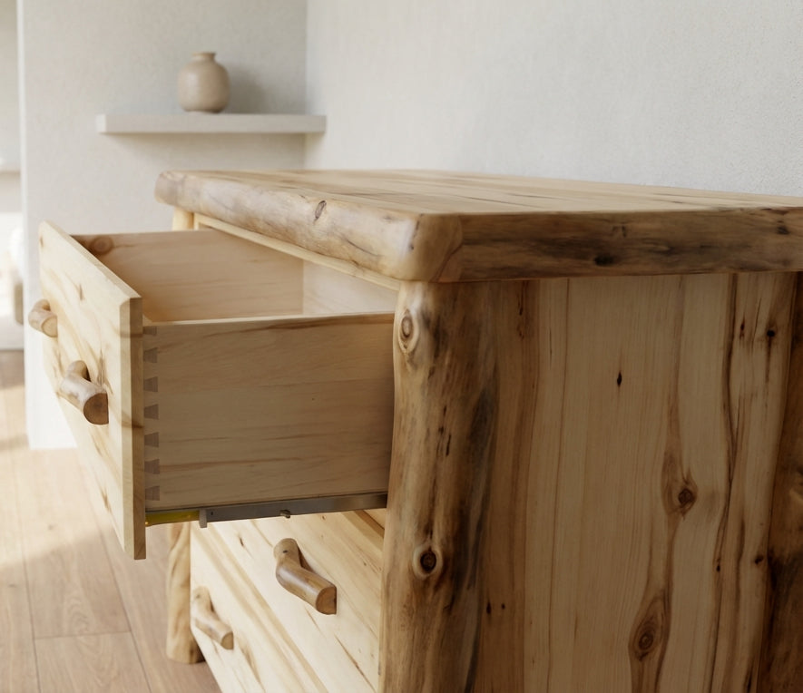 Aspen or Hickory Rustic Log 12 Drawer Dresser in Flat Front 84"W / Hickory Log Aspen or Hickory Rustic Log 12 Drawer Dresser in Flat Front 84"W / Hickory Log