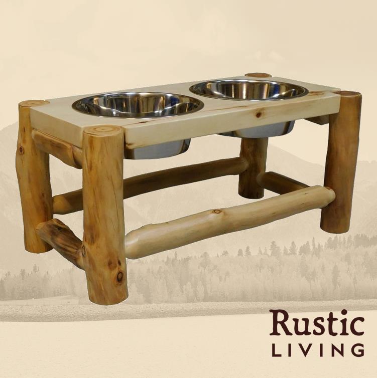 A rustic log pet feeder with two stainless steel bowls, supported by a wooden structure with logs.