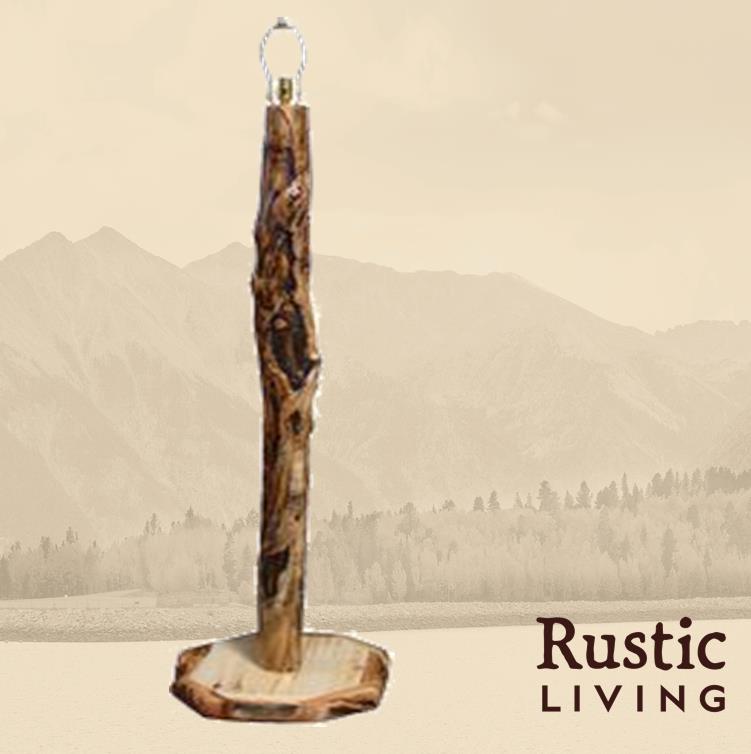 A floor lamp with a rustic wooden log base and a natural finish.