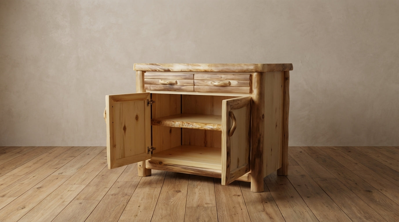 Log island for studio showing the doors open and adjustable shelves. 