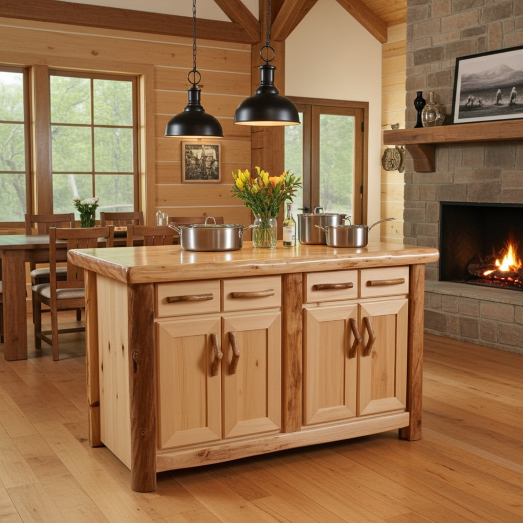 Log island in the middle of a kitchen 