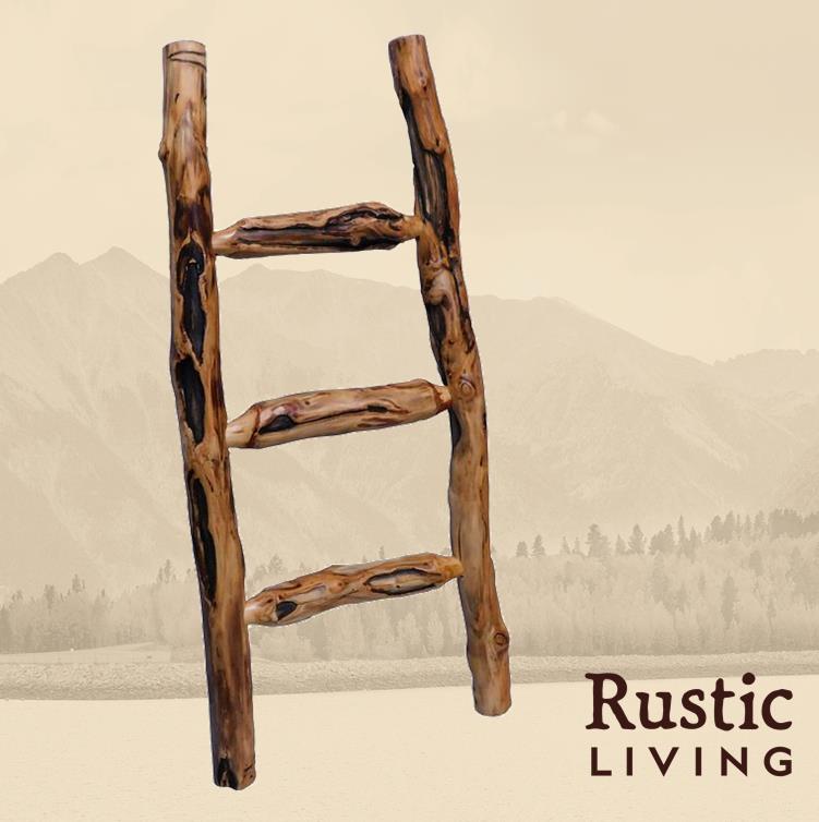 A rustic wooden blanket ladder with a natural finish, featuring a simple, rustic design with steps made from thick logs.