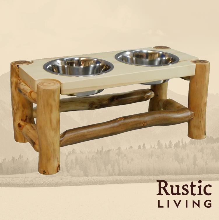 A rustic log pet feeder with two stainless steel bowls supported by a wooden structure with logs.