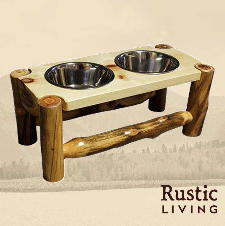 A rustic log pet feeder with two stainless steel bowls, supported by a wooden structure with logs.