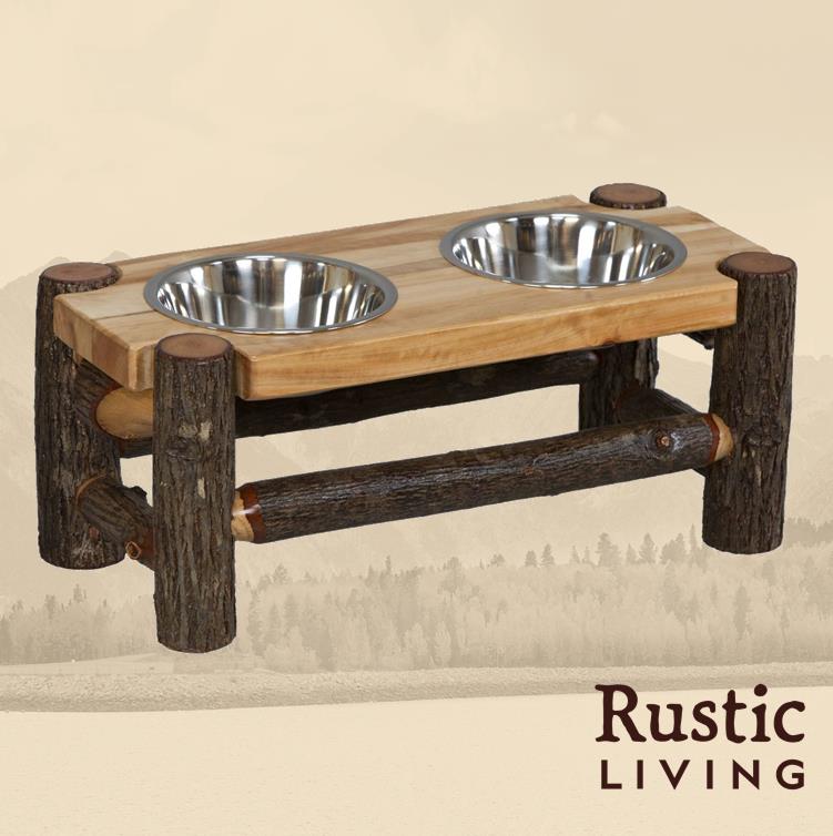 A rustic log pet feeder with two stainless steel bowls, supported by a wooden structure with logs.