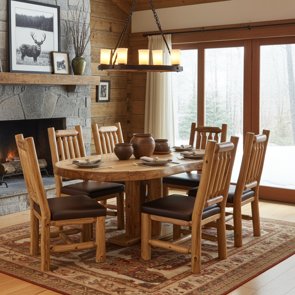 Log oval dining table showing log timberland dining chairs around it in a cabin-themed dining table. 