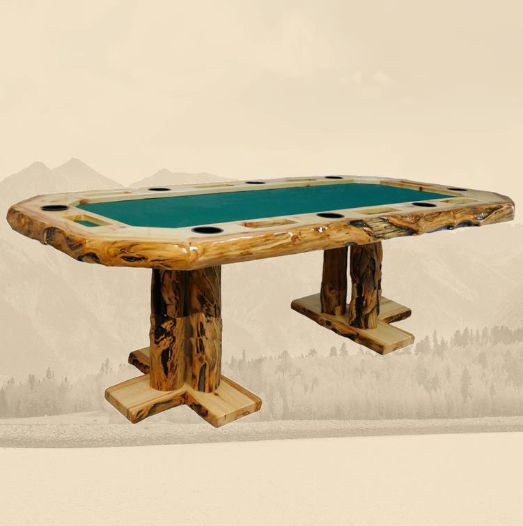Log aspen rectangular poker table shown with no chairs. Seats up to 8 people. 