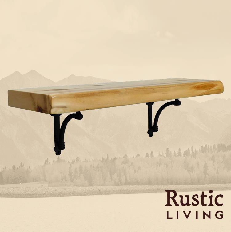 A wooden log shelf attached to black metal brackets.