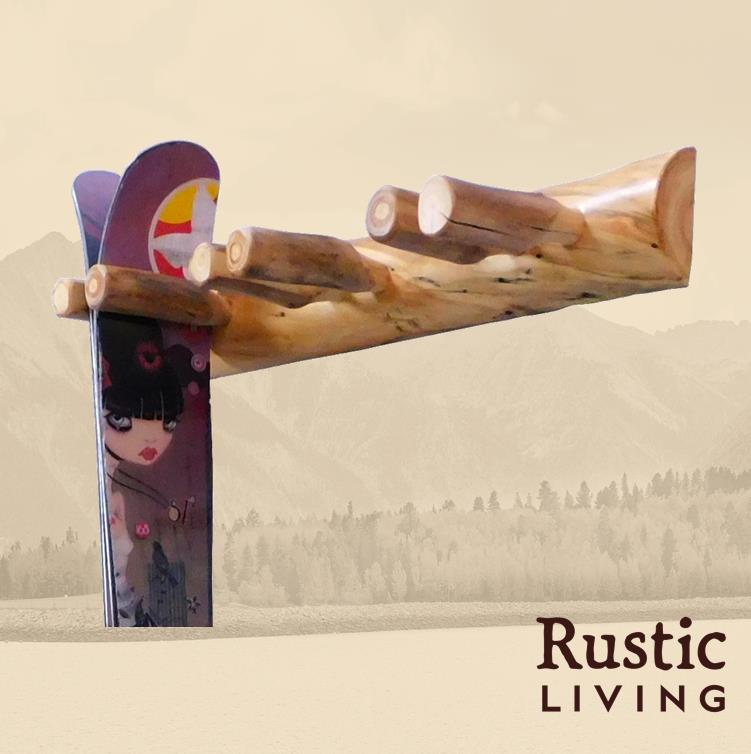 Rustic log ski rack crafted from natural logs with a rugged, handcrafted design, featuring multiple slots to hold skis securely and a cabin-inspired, mountain-lodge aesthetic.