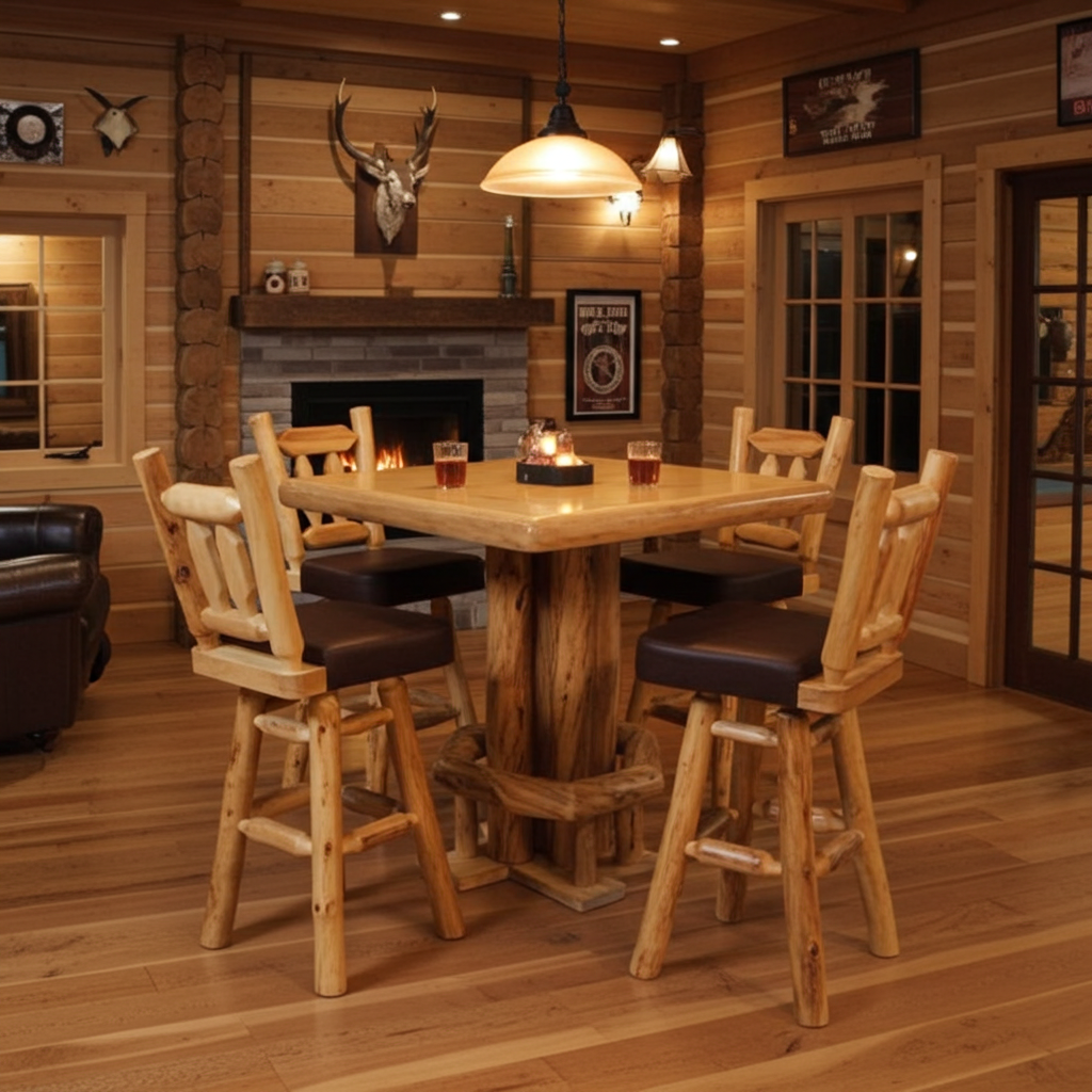 Log square dining table with a foot rest. Its surrounded by upholstered woodland swivel bar stools in a cabin-themed room 