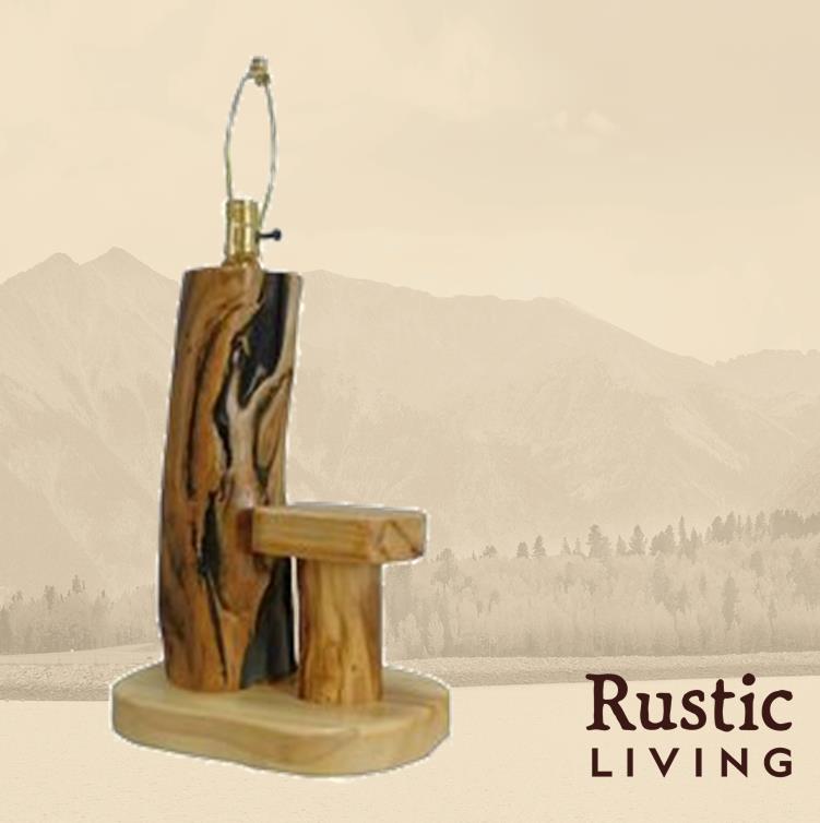 A wooden log table lamp with a shelf, mounted on a base.