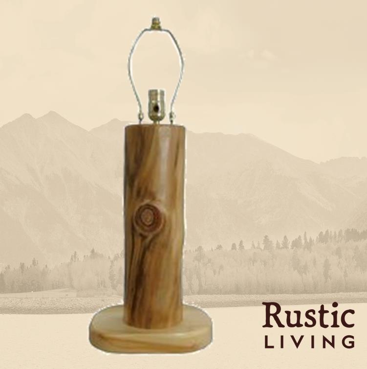 A wooden log table lamp with a natural finish.