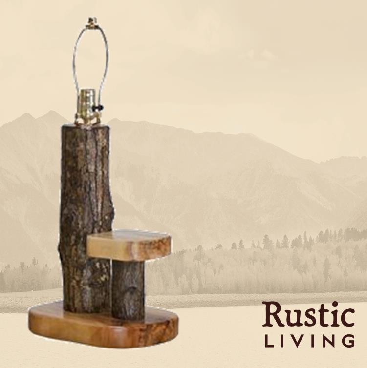 A wooden log table lamp with a shelf, mounted on a base.