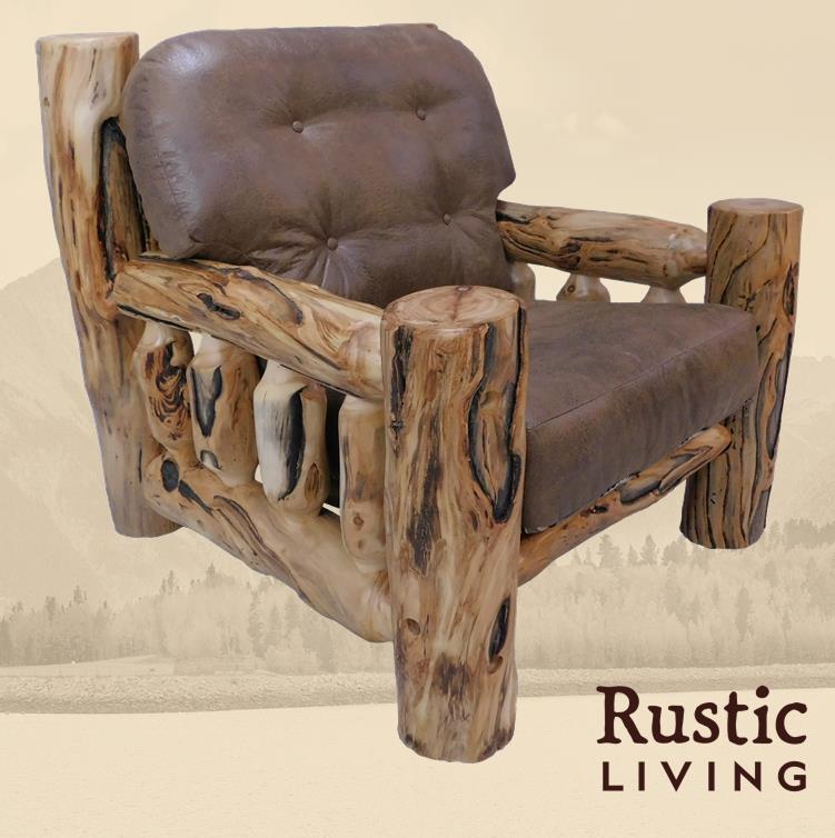 Rustic log Timber Comfort chair crafted from gnarly log wood, stuffed cushions with neutral upholstery, a sturdy log frame, and a cozy mountain-lodge style perfect for cabin-inspired living spaces.