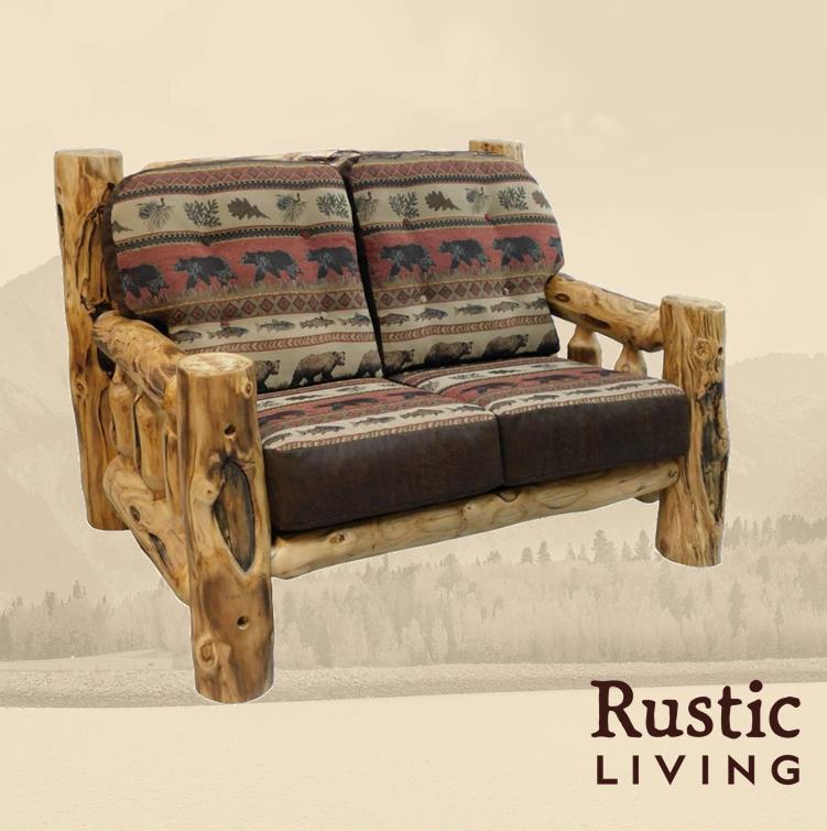 Rustic log Timber Comfort Love Seat crafted from gnarly log wood, featuring stuffed cushions with neutral upholstery, a sturdy log frame, and a cozy mountain-lodge style perfect for cabin-inspired living spaces.