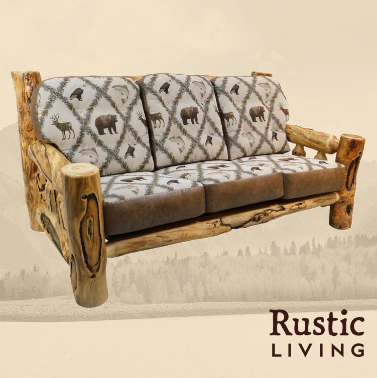 Rustic log Timber Comfort sofa crafted from gnarly log wood, stuffed cushions with neutral upholstery, a sturdy log frame, and a cozy mountain-lodge style perfect for cabin-inspired living spaces.